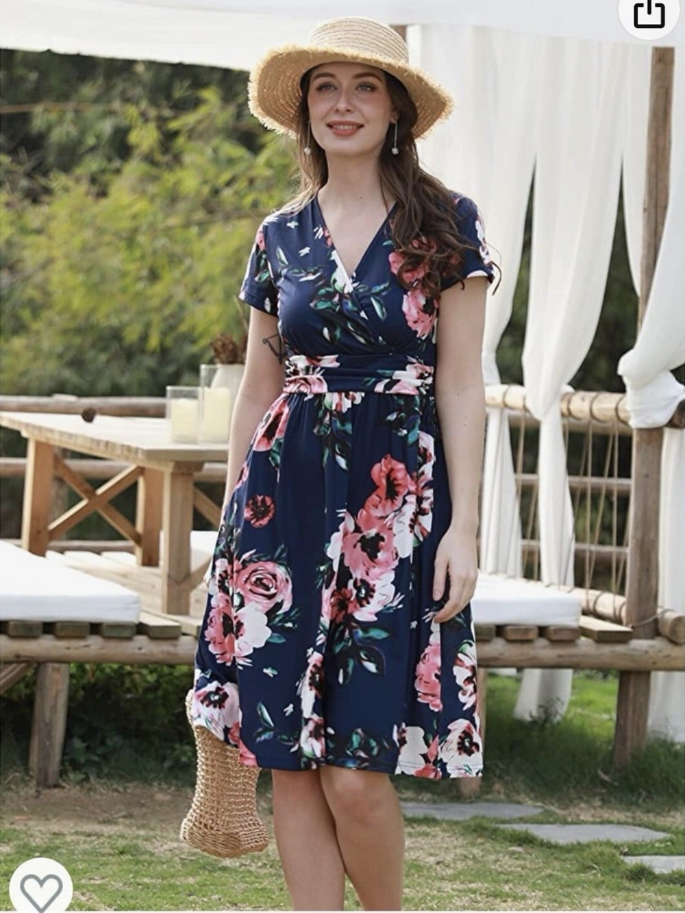 OUGES Floral V Neck Dress Navy Blue Pink Coral Short Sleeve NWT XXL